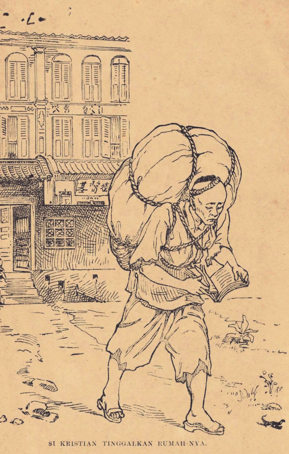 Christian leaves his home. Image reproduced from Bunyan, J. (1905). Chrita orang yang chari slamat. All rights reserved, American Mission Press, 1905.